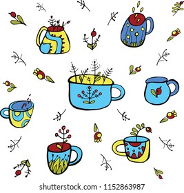 Blue autumn cups with berries. Pattern. Flat style vector illustration.