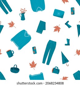 Blue autumn mood board texture. Colorful seamless pattern. Flat stock vector illustration.