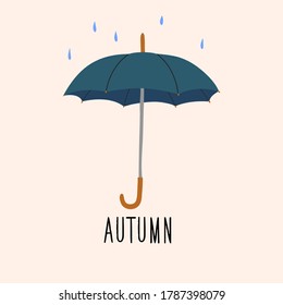 Paraguas azules de otoño y gotas de lluvia. Colección de otoño.Ilustración dibujada a mano por vectores.