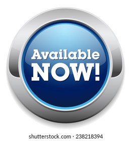 Blue available now button with metallic border on white background