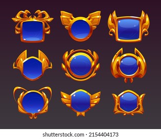 Blue award badges with gold frames. Fantasy emblems for win in game, top place in competition. Vector cartoon set of old glossy icons with decorative golden borders