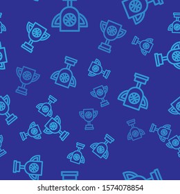 Blue Award cup with basketball ball icon isolated seamless pattern on blue background. Winner trophy symbol. Championship or competition trophy.  Vector Illustration