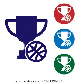 Blue Award cup with basketball ball icon isolated on white background. Winner trophy symbol. Championship or competition trophy. Set color icons in circle buttons. Vector Illustration