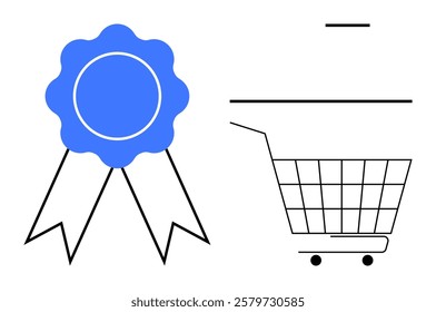 Blue award ribbon next to a shopping cart with a handlebar. Ideal for e-commerce, quality assurance, customer satisfaction, product rating, and online shopping. Minimalist outline style