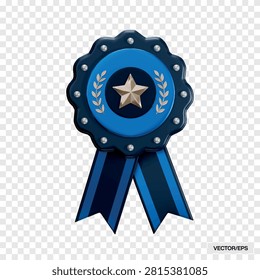 Blue award rosette badge with gold star emblem and striped ribbon tails.