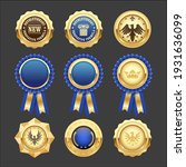 Blue award rosettes, insignia and heraldic medals, prize and win symbols, vector
