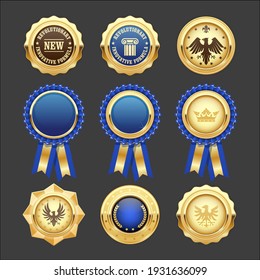 Blue award rosettes, insignia and heraldic medals, prize and win symbols, vector