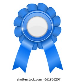 Blue award sign. Shiny 3d prize symbol with white blank circle. Vector illustration isolated on white background
