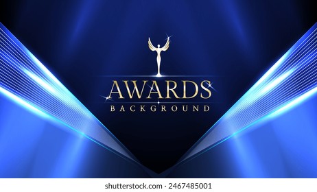 Blue awards graphic background with light neon effects with bokeh decorations. Luxury scene corporate design concept. Vector illustrations.