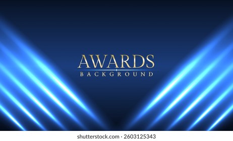 Blue awards graphic background with light neon effects with bokeh decorations. Luxury scene corporate design concept. Vector illustrations.