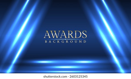Blue awards graphic background with light neon effects with bokeh decorations. Luxury scene corporate design concept. Vector illustrations.