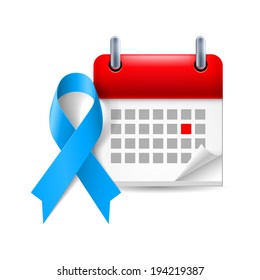 Blue awareness ribbon and calendar with marked day. Colon cancer, child abuse, Stevens  - Johnson syndrome symbol