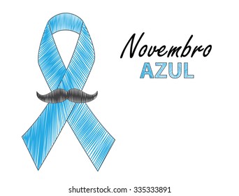 Blue awareness ribbon with mustache. Novembro Azul is Blue November in Portuguese language. 