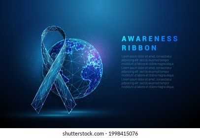 Blue awareness ribbon and planet Earth. Symbol of support. Low poly style design. Abstract geometric background. Wireframe light connection structure. Modern 3d graphic concept. Vector illustration.
