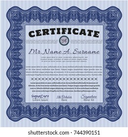Blue Awesome Certificate template. Artistry design. With great quality guilloche pattern. Detailed. 