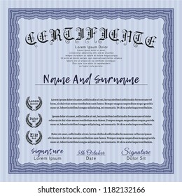 Blue Awesome Certificate template. With background. Lovely design. Vector illustration. 