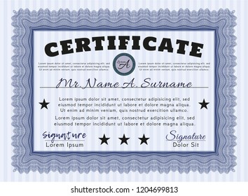 Blue Awesome Certificate template. With background. Artistry design. Detailed. 