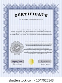 Blue Awesome Certificate template. With background. Cordial design. Vector illustration. 