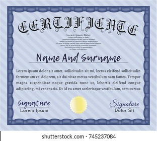Blue Awesome Certificate template. With background. Money Pattern. Vector illustration. 