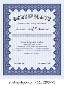 Blue Awesome Certificate template. Complex background. Cordial design. Customizable, Easy to edit and change colors. 