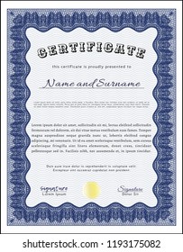 Blue Awesome Certificate template. With complex background. Nice design. Customizable, Easy to edit and change colors. 