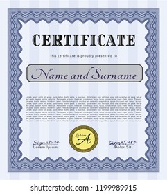 Blue Awesome Certificate template. Complex background. Beauty design. Detailed. 