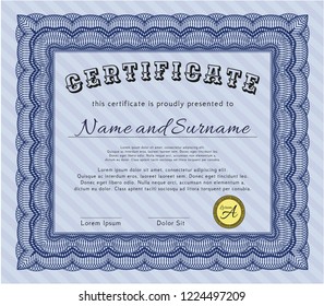Blue Awesome Certificate template. With complex linear background. Customizable, Easy to edit and change colors. Money design. 