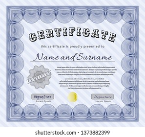 Blue Awesome Certificate template. With complex background. Vector illustration. Nice design. 
