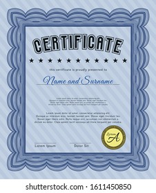 Blue Awesome Certificate template. Complex background. Vector illustration. Perfect design. 