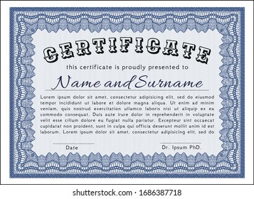 Blue Awesome Certificate template. Complex background. Detailed. Money Pattern. 