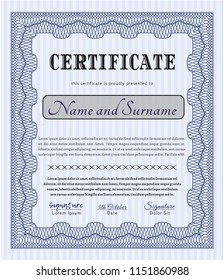 Blue Awesome Certificate template. Cordial design. With great quality guilloche pattern. Detailed. 