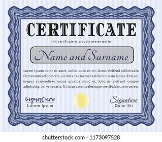 Blue Awesome Certificate template. Customizable, Easy to edit and change colors. Printer friendly. Artistry design. 
