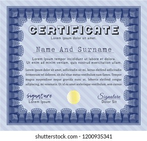 Blue Awesome Certificate template. Customizable, Easy to edit and change colors. With guilloche pattern and background. Nice design. 