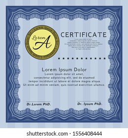 Blue Awesome Certificate template. Customizable, Easy to edit and change colors. With great quality guilloche pattern. Cordial design. 