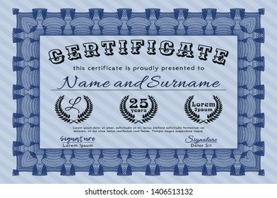 Blue Awesome Certificate template. Easy to print. Excellent design. Vector illustration. 