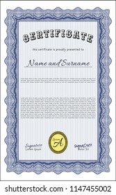 Blue Awesome Certificate template. Elegant design. With linear background. Detailed. 