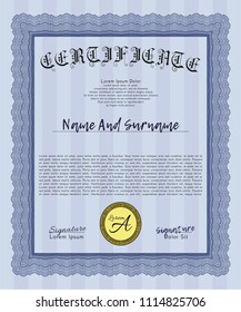 Blue Awesome Certificate template. Excellent design. Vector illustration. With background. 