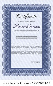 Blue Awesome Certificate template. Excellent design. With guilloche pattern. Vector illustration. 