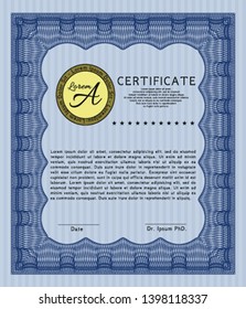 Blue Awesome Certificate template. Excellent design. Detailed. With great quality guilloche pattern. 