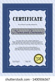 Blue Awesome Certificate template. Excellent design. Customizable, Easy to edit and change colors. Complex background. 