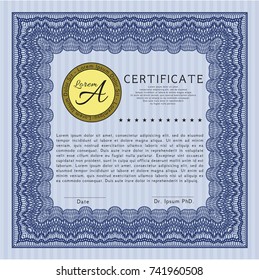 Blue Awesome Certificate template. Excellent design. With linear background. Vector illustration. 