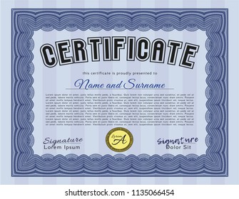 Blue Awesome Certificate template. Good design. With complex linear background. Customizable, Easy to edit and change colors. 