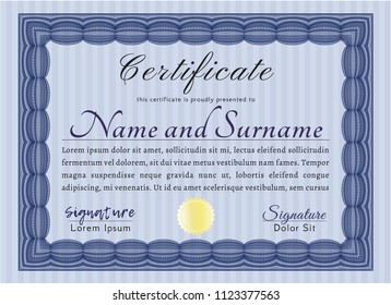 Blue Awesome Certificate template. With great quality guilloche pattern. Sophisticated design. Detailed. 