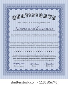 Blue Awesome Certificate template. With great quality guilloche pattern. Lovely design. Vector illustration. 