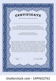 Blue Awesome Certificate template. With great quality guilloche pattern. Detailed. Sophisticated design. 