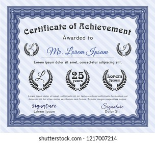 Blue Awesome Certificate template. With guilloche pattern. Retro design. Detailed. 