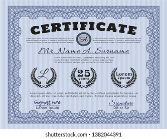 Blue Awesome Certificate template. With guilloche pattern and background. Customizable, Easy to edit and change colors. Cordial design. 