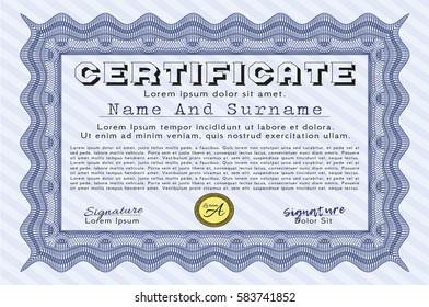Blue Awesome Certificate template. With guilloche pattern and background. Nice design. Customizable, Easy to edit and change colors. 