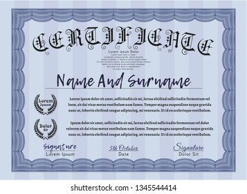 Blue Awesome Certificate template. With linear background. Superior design. Detailed. 