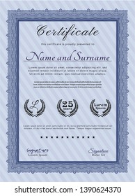 Blue Awesome Certificate template. With linear background. Elegant design. Detailed. 
